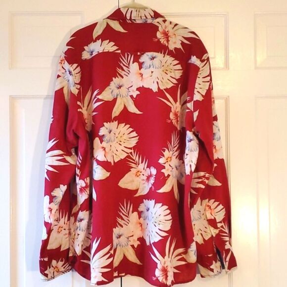 LINEN COTTON HAWAII ALOHA SHIRT MEN'S XXL MAROON WHITE BLUE LONG SLEEVE TROPICAL - Picture 8 of 9